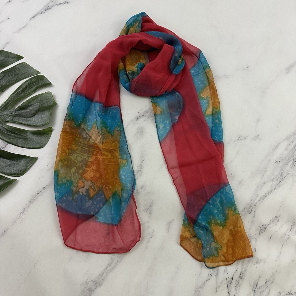 Womens Vintage 90s Tie Dye Silk Scarf Red Blue Long Lightweight Festival Boho